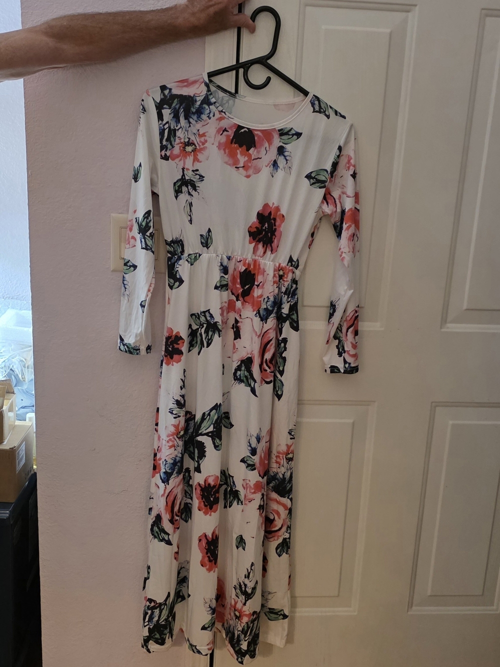 Floral Long Sleeve Floor  Length Maxi Dress - White with Pink Rose Print